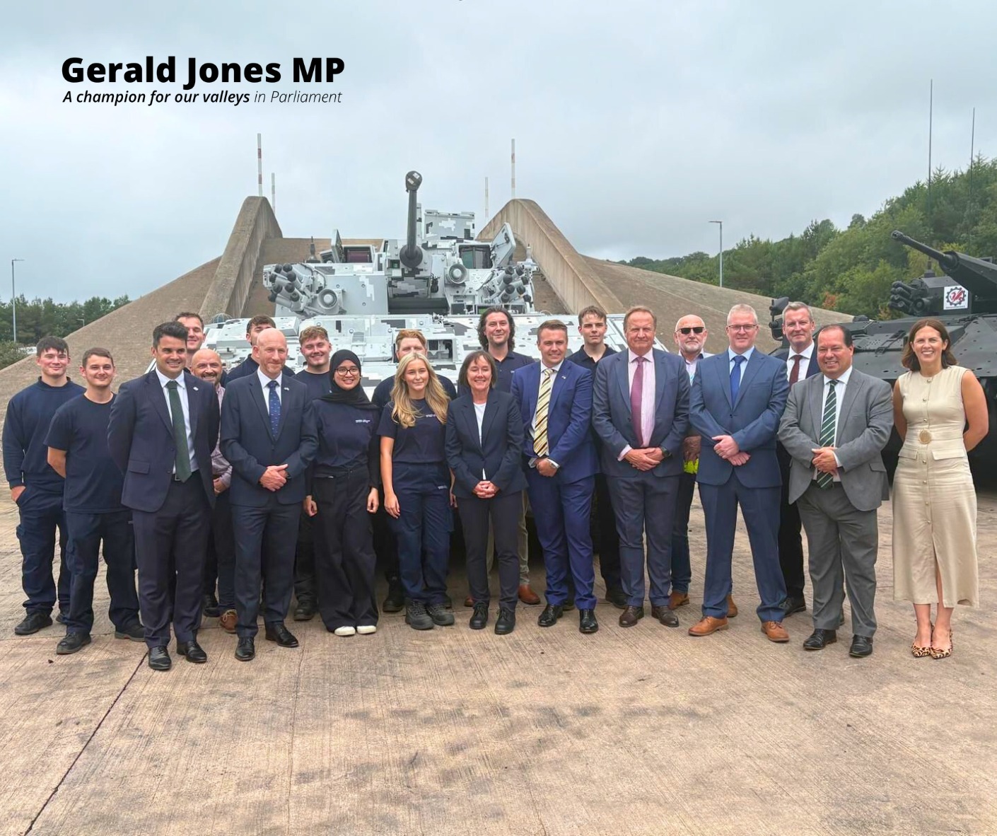 Image of Gerald Jones MP, Jo Stevens and others in front of a tank.