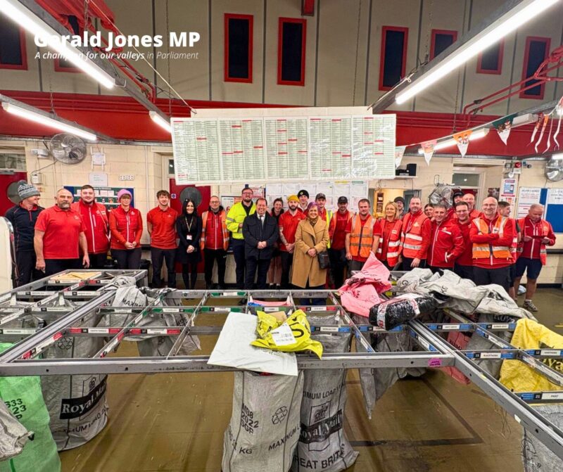 Image of  Gerald Jones MP with Dawn Bowden MS and the post workers.