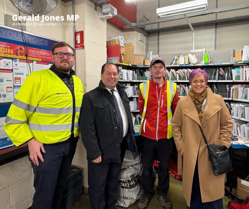 Image of  Gerald Jones MP with Dawn Bowden MS and the post workers.