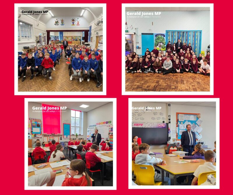 Image of Gerald Jones MP with pupils at various schools.